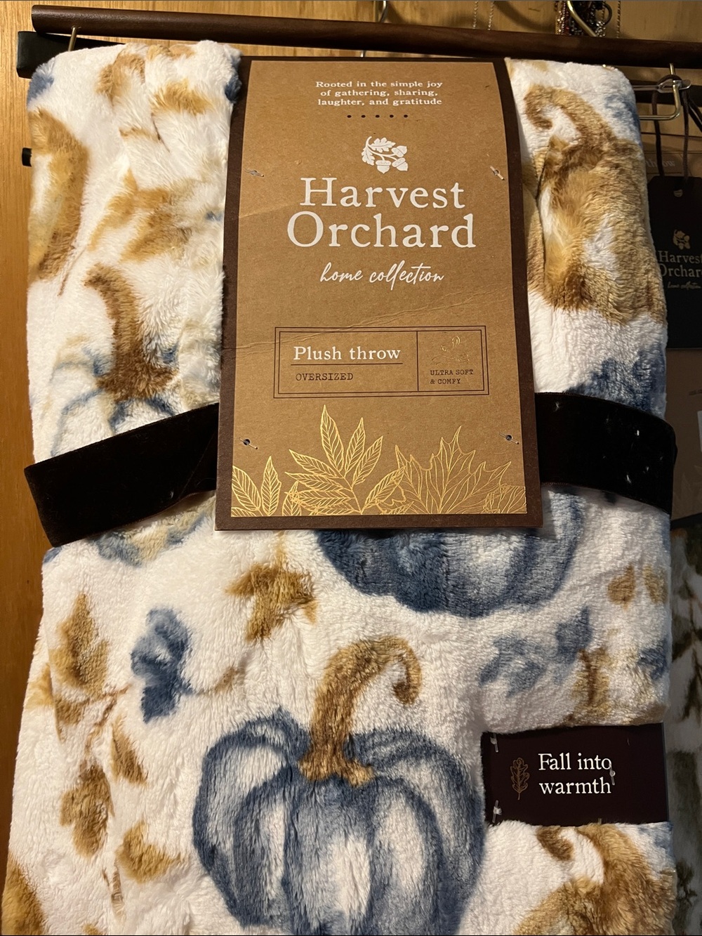 Plush Throw Blanket - White with Blue & Brown Pumpkin Pattern 60x70